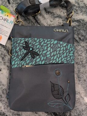 Chala Teal & Gray Leaf Dragonfly Crossbody Bag